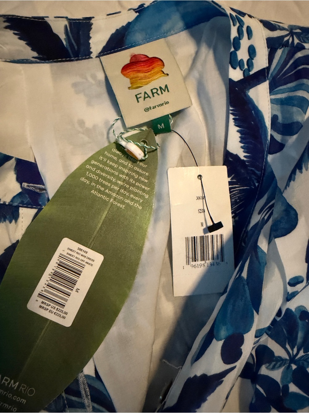 FARM Rio Blue and White Printed Puff-Sleeve Mini Dress NWT size M - Picture 6 of 6